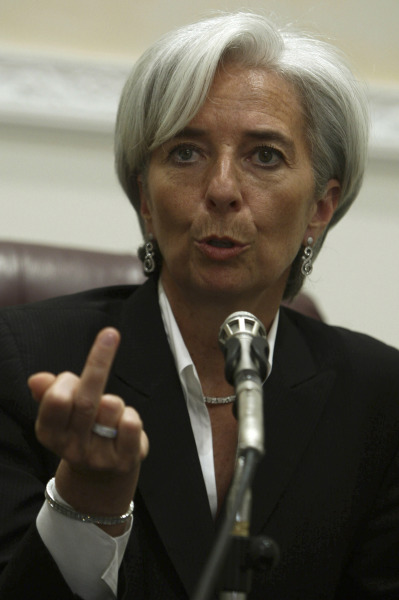 French Economy Minister Christine Lagarde speaks during a news conference in Riyadh