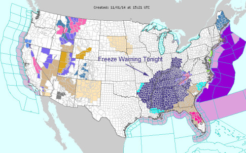 U.S. weather warnings, showing a large area at risk for a freeze tonight. (NOAA, modified by CWG)