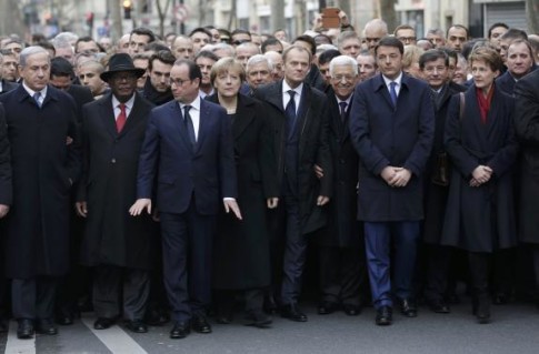 Heads of state attend the solidarity march (Marche Republicaine) in the streets of Paris