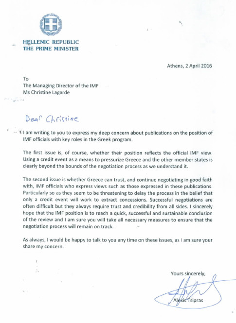 Tsipras Lagarde letter