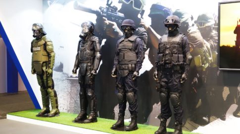 Riot gear on sale at the 2015 Milipol security expo in Paris