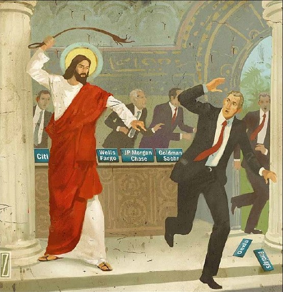 Modern interpretation of Christ driving the money changers from the temple