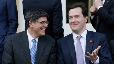 Britains Chancellor of the Exchequer George Osborne (R) speaks to U.S. Treasury Secretary, Jack Lew.(Reuters)